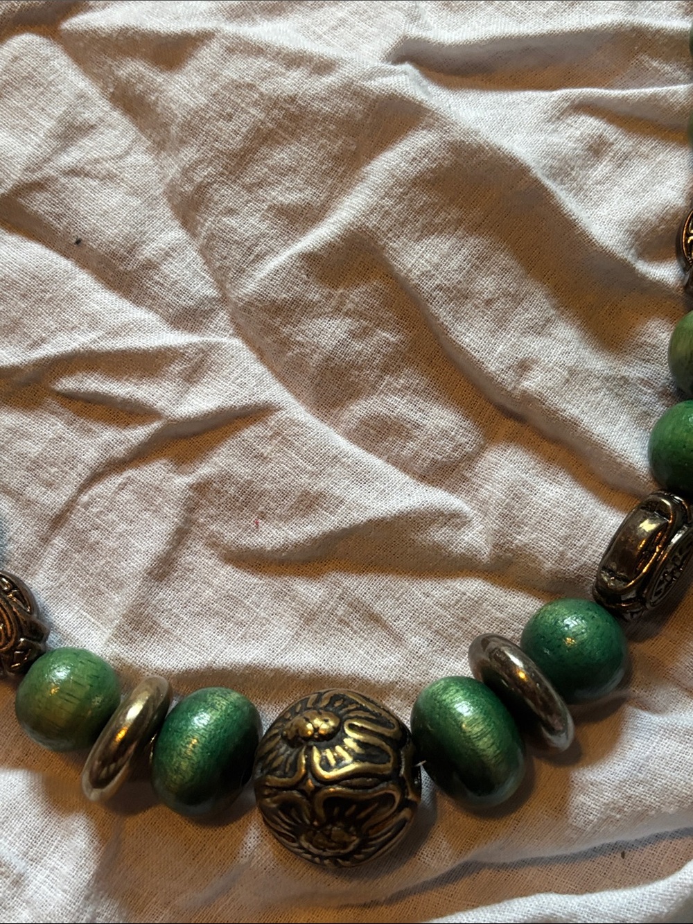 Green Beaded Statement Necklace with Antique Brass Accents - Picture 7 of 7